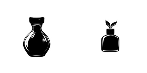 Flat black icon representation of a traditional bottle and a small bottle with a plant emblem