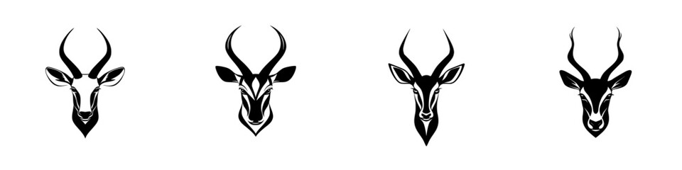 Stylized flat black icon representation of various deer heads with antlers in a minimalist design