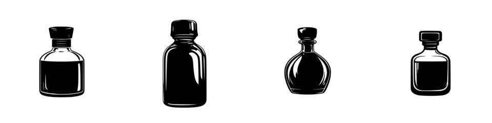 Flat black icon set featuring various bottle shapes ideal for design use, showcasing versatility in graphic illustration styles