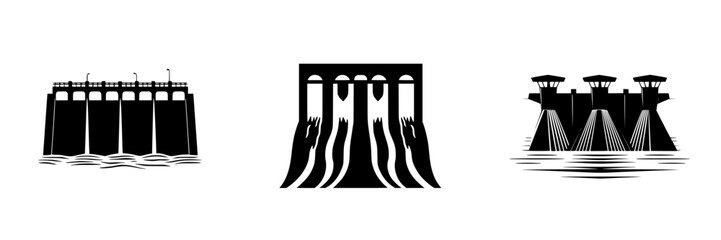 Obraz premium Black flat icons depicting dams showcasing water flow and infrastructure design in a minimalist style