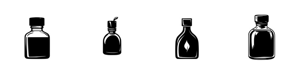Flat black icons of various bottle designs suitable for graphic design and digital projects