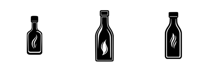 Flat black icon set featuring three different bottle designs with distinctive flame symbols, suitable for various applications