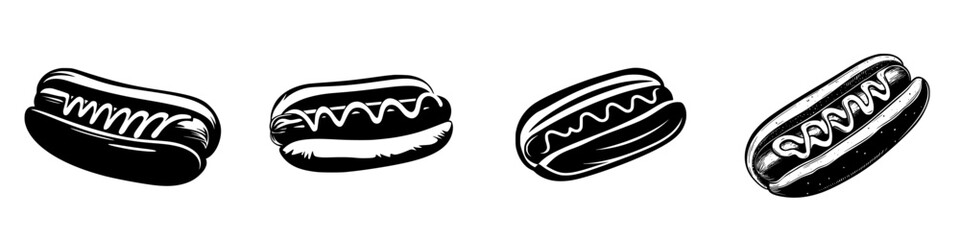 Flat black hot dog icons representing classic fast food options in a casual dining context