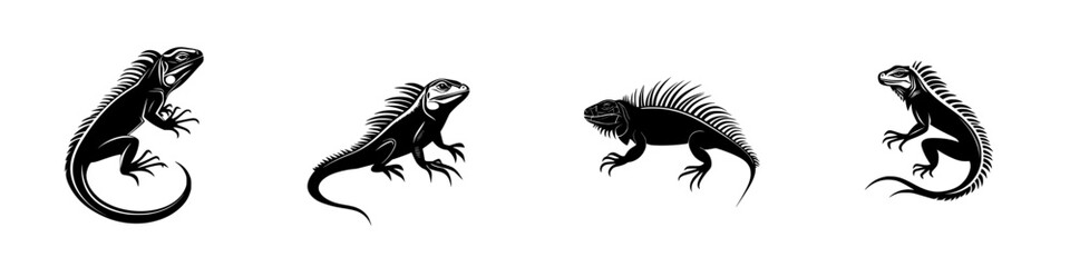 Distinctive flat black lizard icons showcasing different poses and features for graphic design and illustrations
