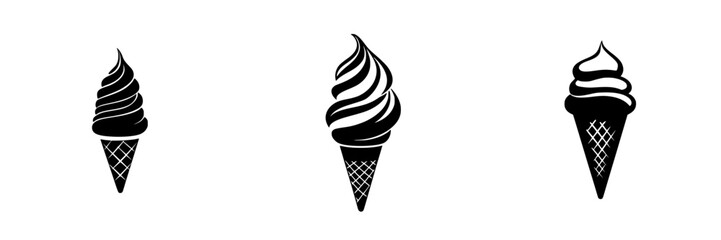 Stylish flat black icons of ice cream cones showcasing delightful desserts with swirls and cones, perfect for summer themes
