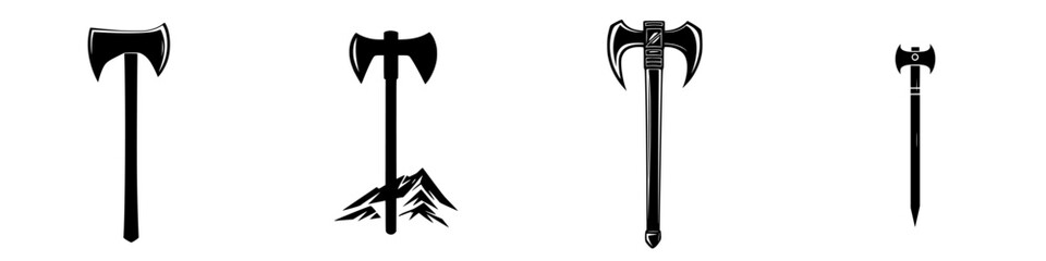 Collection of flat black axe icons depicting various styles and designs for graphic use and illustrative purposes