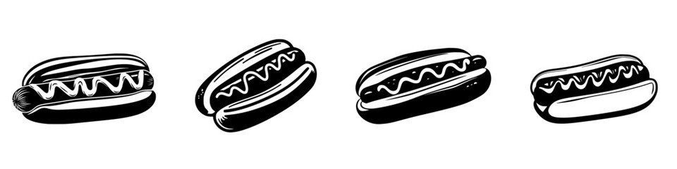 Black icon representation of hot dogs showcasing various designs and styles in a minimalist flat design