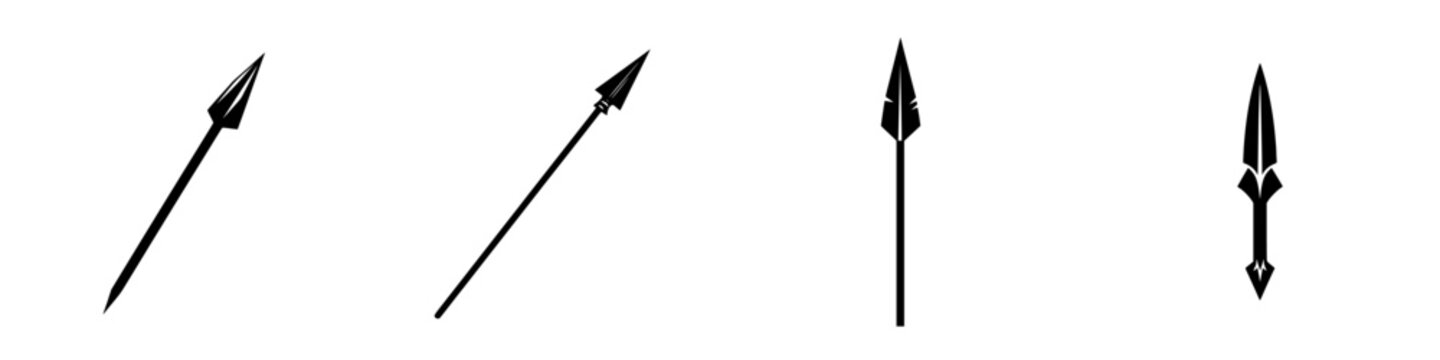 Black spear icons arranged in a row showcasing various designs for artistic and graphic uses