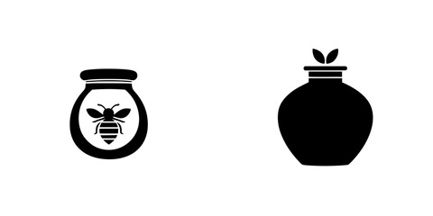 Icon design featuring flat black illustrations of a honey jar with a bee and a decorative pot with leaves