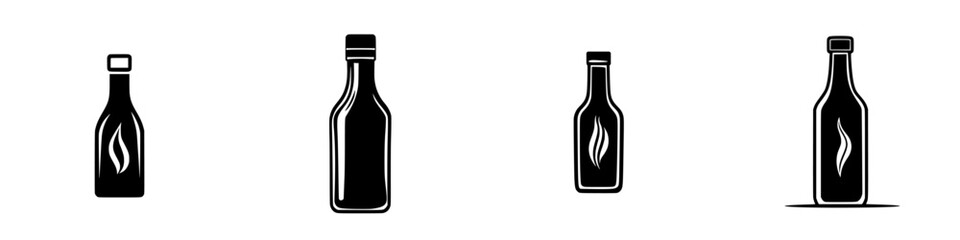 Different styles of flat black bottle icons arranged in a row, showcasing a variety of designs and sizes for graphic use