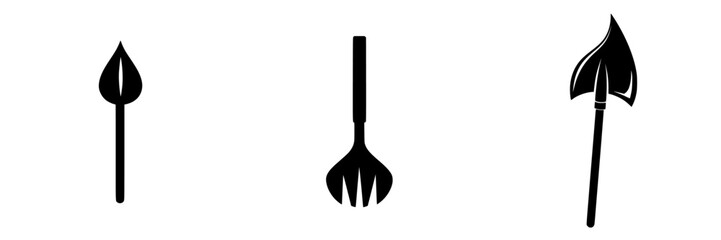 Set of flat black icons depicting various gardening tools for landscaping and outdoor activities
