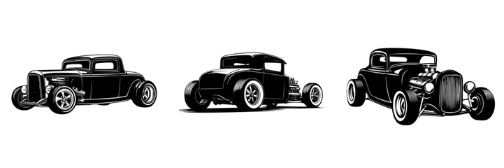 Flat black icon featuring vintage race cars showcasing classic automobile design and style