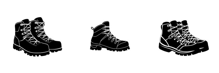 Black icons of hiking boots showcasing various styles for outdoor adventures and activities