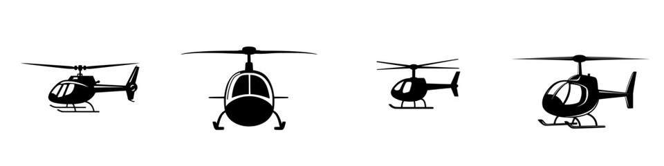 Black icon set featuring various helicopter silhouettes in different orientations and styles for graphic design and illustration purposes © Andrei