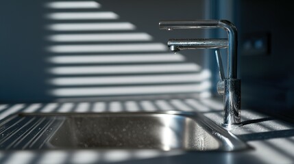 Close-up view of a chrome faucet over a stainless steel kitchen sink.