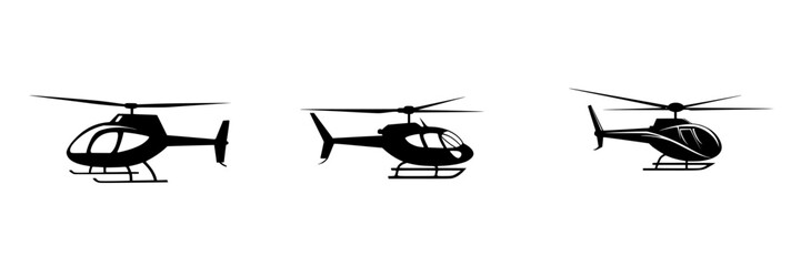 Various flat black helicopter icons for design purposes and digital applications showcasing different angles and styles