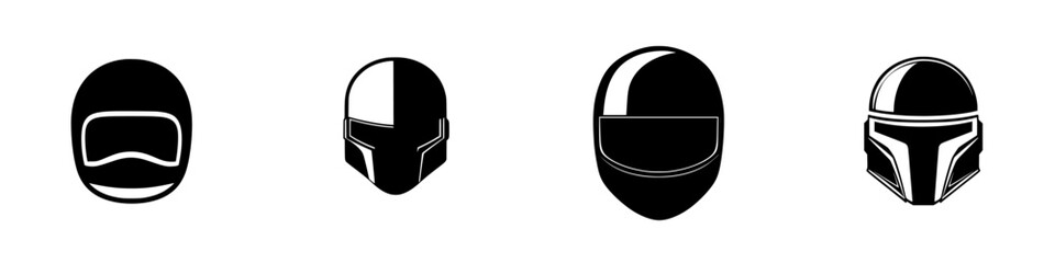 Iconic flat black helmet designs showcasing diverse styles and shapes in a minimalist format