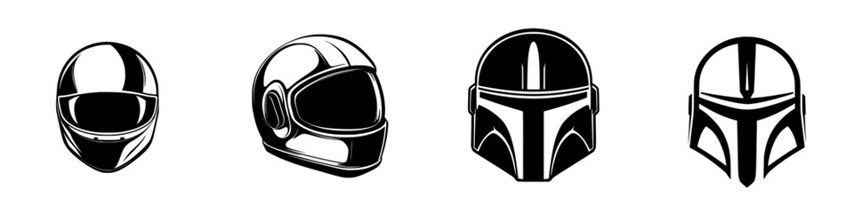 Fototapeta premium Different styles of flat black helmets showcased in a minimalist design emphasizing unique shapes and details