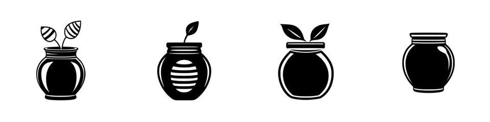 Stylish collection of black icons depicting various potted plants and jars for decoration and design projects
