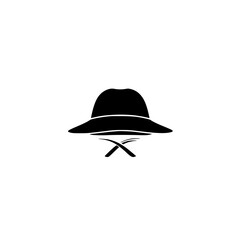 Flat black hat icon with crossed elements representing outdoor adventure and exploration themes