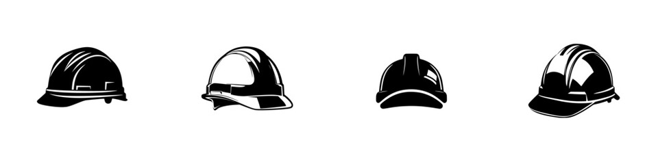 Black icon set representing different styles of construction safety helmets for use in educational and professional materials
