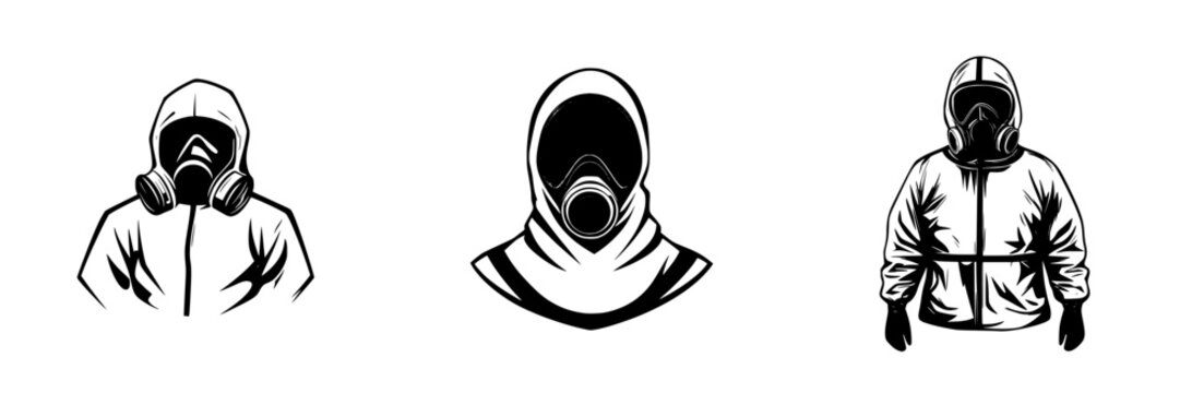 Flat black icons representing protective clothing with gas masks for safety in hazardous environments