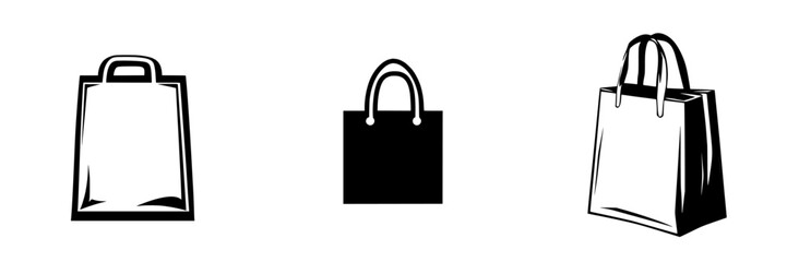 Flat black shopping bags in various styles on a white background showcasing eco-friendly retail options