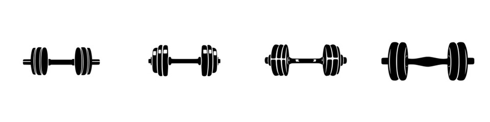 Black icon set featuring various dumbbell designs for fitness and weightlifting enthusiasts showcasing exercise equipment