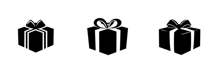 Black flat icons of gift boxes with bows suitable for various celebrations and occasions