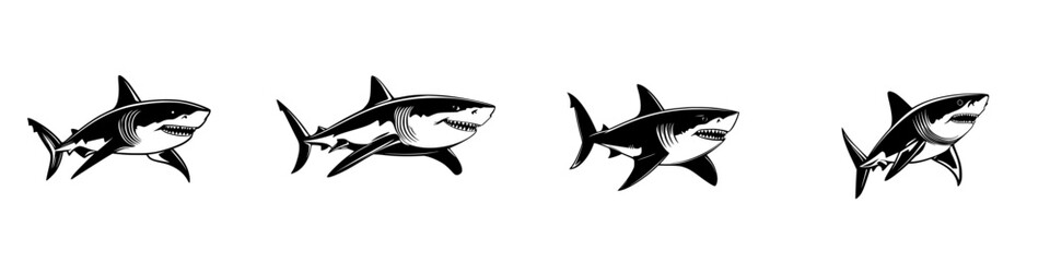 Black silhouette icons of multiple shark designs showcasing various swimming positions in a minimalist style
