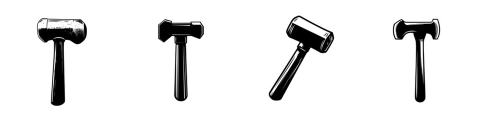 Icon set displaying various styles of hammers designed with a flat black aesthetic for versatile use in graphic design and illustration