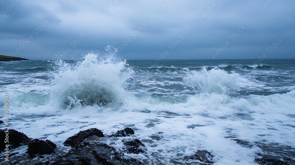 Aufkleber Dramatic ocean waves crashing against dark rocks on a cloudy day, creating a powerful display of nature's force and beauty. : Generative AI