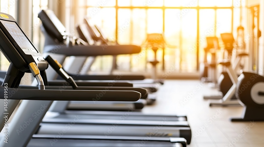 Aufkleber Modern gym interior with a row of treadmills near large windows, bathed in sunlight.  The focus is on the treadmills' consoles and handrails, showcasing their sleek design and function : Generative AI