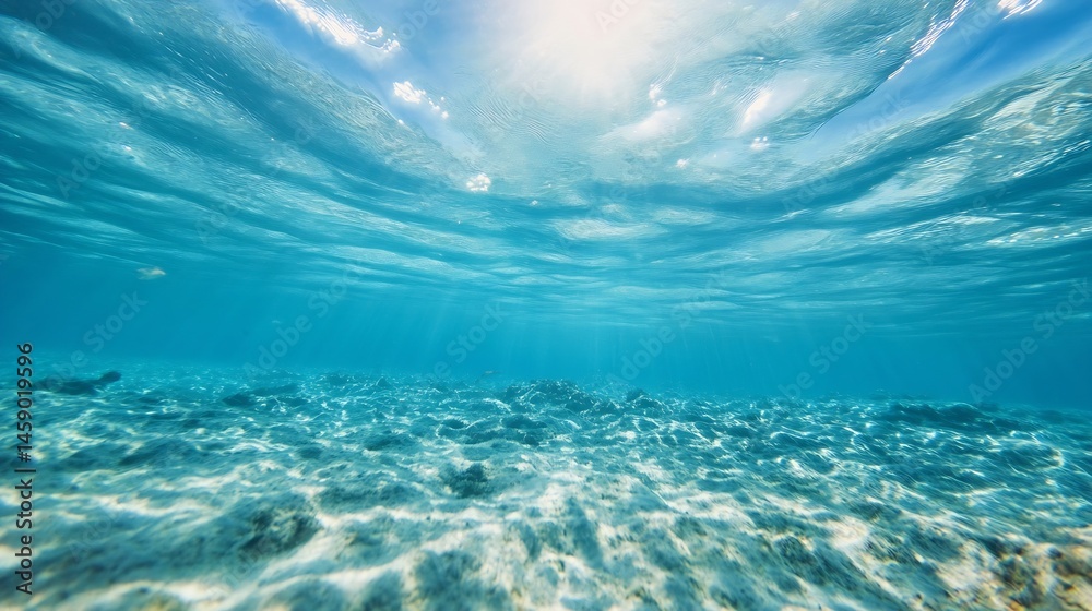 Poster Underwater seascape showing sunlight filtering through the ocean surface, illuminating the sandy seabed and creating a tranquil underwater scene. : Generative AI
