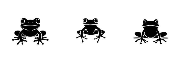 Flat black icon design featuring a trio of frogs in various poses against a simple background