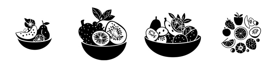 Creative flat black icon showcasing a variety of fruits in decorative bowls arranged in a visually appealing layout