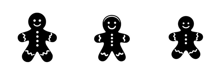 Flat black icons of three gingerbread figures with smiling faces and decorative icing patterns