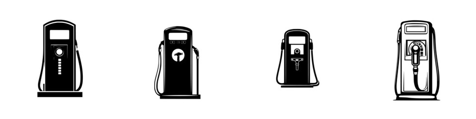 Flat black icons representing different styles of electric vehicle charging stations displayed side by side for easy comparison