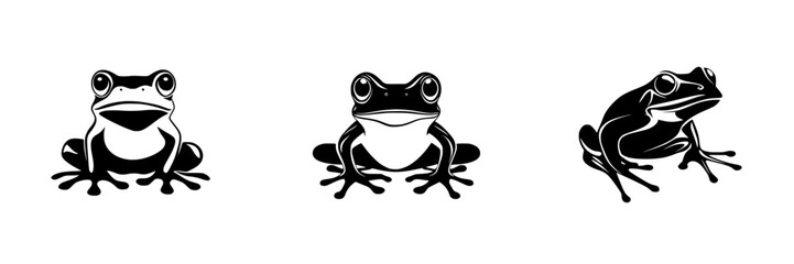 Flat black icon of three distinct frog illustrations showcasing various poses and characteristics in a minimalist design