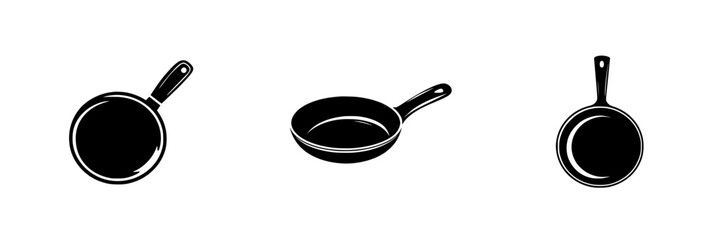Flat black cooking icon representing various frying pans and skillets used in kitchen preparation