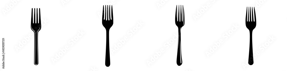 Poster multiple flat black fork icons arranged in a row with uniform spacing on a white background showcasi