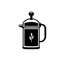 Flat black icon of a French press coffee maker with a floral design in a minimalistic style