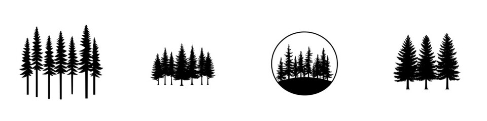 Fototapeta premium Various flat black icon designs representing trees and forest silhouettes suitable for nature-themed projects