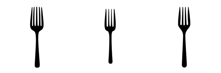 Black fork icons arranged in a row on a plain white background for culinary design or dining concepts