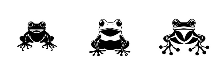 Three flat black frog icons showcasing distinct designs and features, ideal for educational or artistic use in various projects