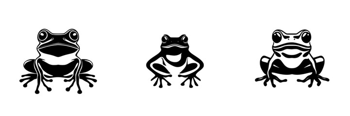 Flat black frog icons designed for various uses, emphasizing simplicity and elegance in black and white style
