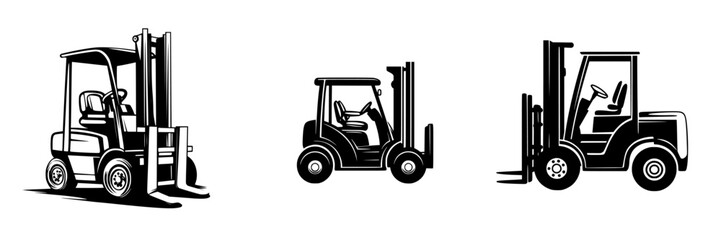 Three flat black forklift icons showcasing different designs and perspectives for industrial use and logistics representation