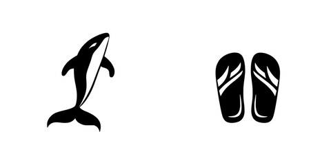 Flat black icons depicting a whale and a pair of sandals illustrating ocean and beach themes