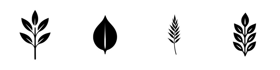 Simple flat black icons representing different types of leaves and plants in a minimalist design suitable for nature-themed projects