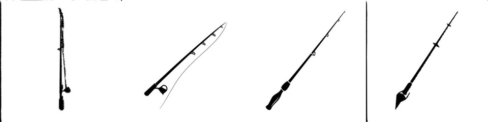 Fishing rod icons designed in flat black style showing various angles and details of fishing equipment for enthusiasts and designers